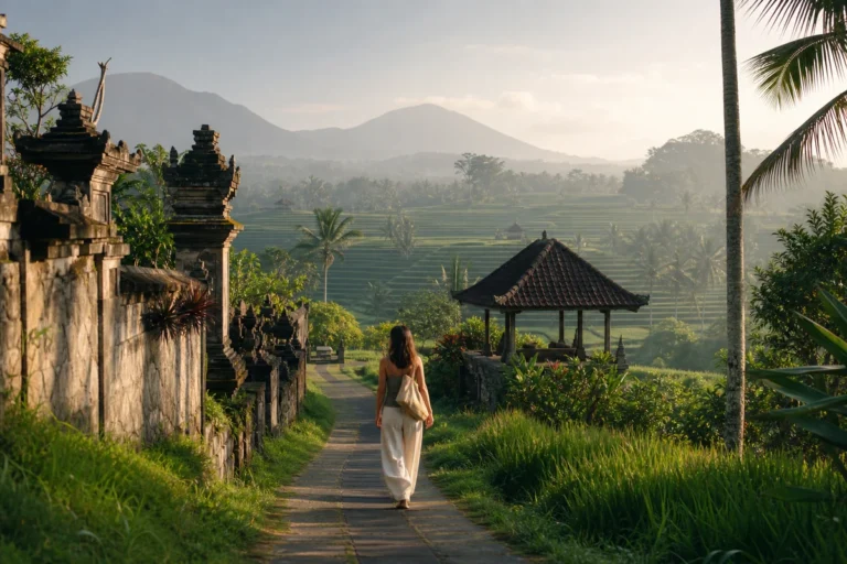 Traveller walking beside a Balinese temple with green fields and hills
