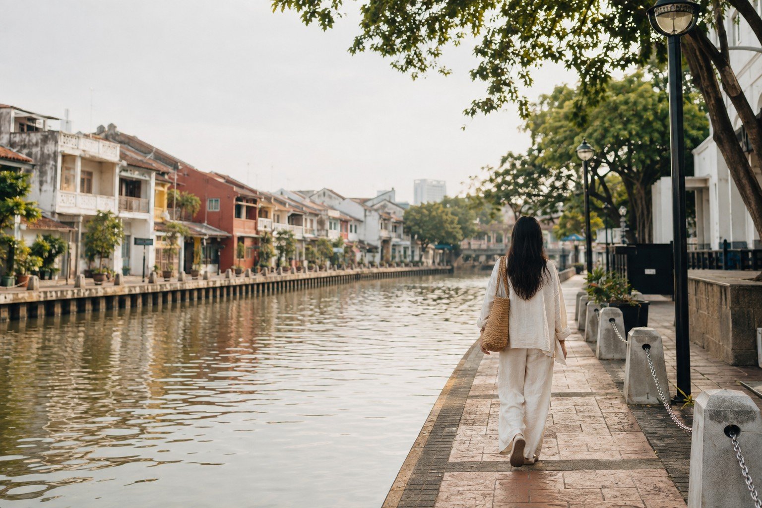 Solo female traveller beside the Melaka River and historic shophouses
