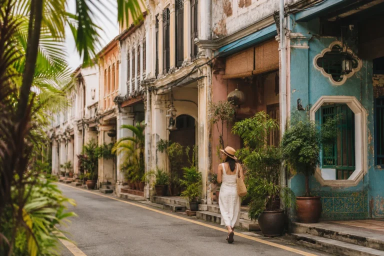 Tree-lined street with heritage shophouses in Penang